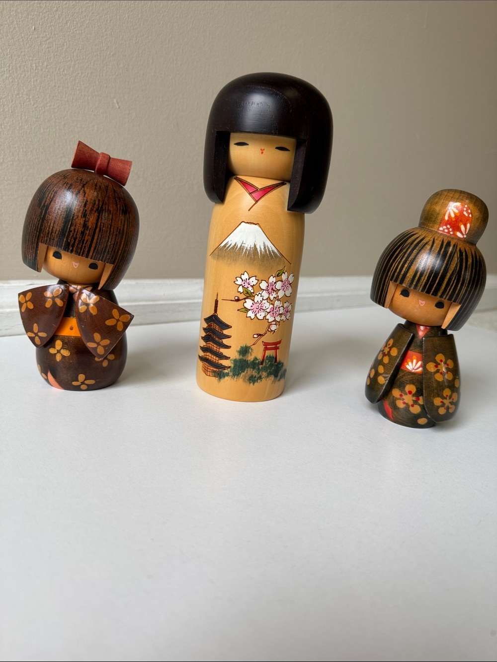 Bundle of 3 Hand Painted Vintage Japanese Kokeshi Dolls - Natural Wood